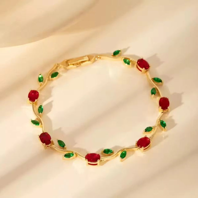 Red & Green CZ Stone Gold-Plated Floral Vine Bracelet for Women (VT-05)