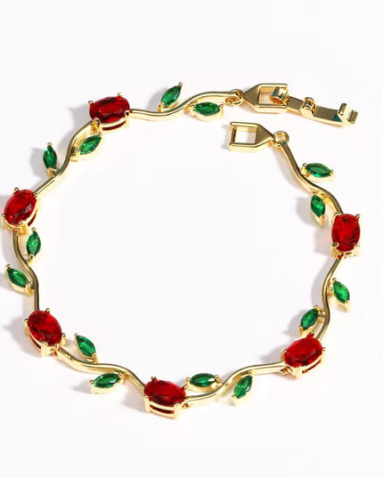 Red & Green CZ Stone Gold-Plated Floral Vine Bracelet for Women (VT-05)