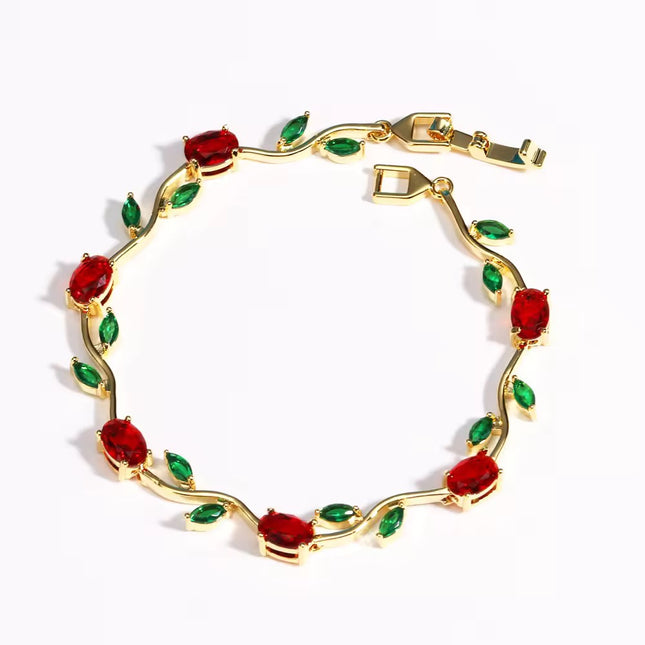 Red & Green CZ Stone Gold-Plated Floral Vine Bracelet for Women (VT-05)