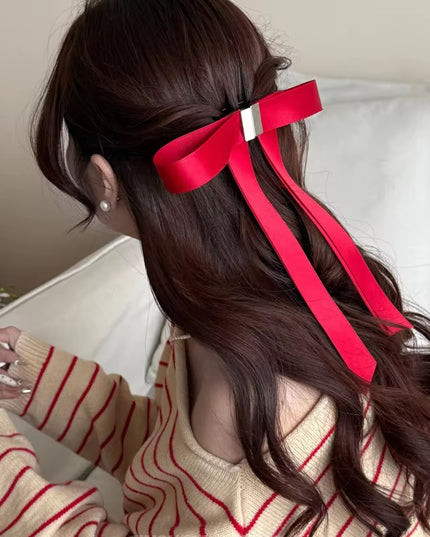 Magnetic Satin Bow Hair Clip | Long Ribbon Hair Bow | Red Coquette Aesthetic Hair Accessory for Women & Girls  (VT-12)