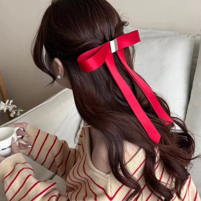 Magnetic Satin Bow Hair Clip | Long Ribbon Hair Bow | Red Coquette Aesthetic Hair Accessory for Women & Girls  (VT-12)