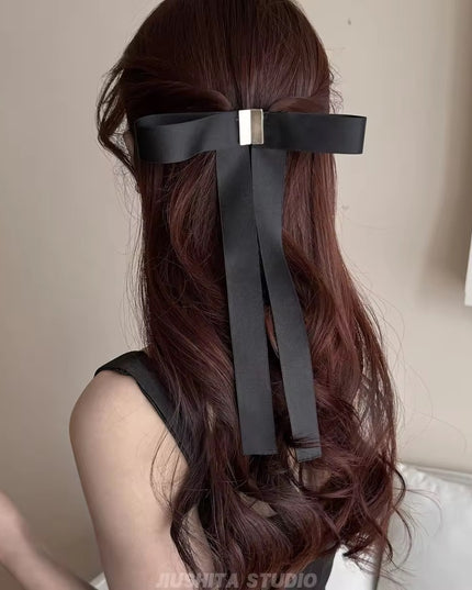 Magnetic Satin Bow Hair Clip | Long Ribbon Hair Bow | Black Aesthetic Hair Accessory for Women & Girls  (VT-13)
