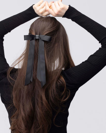 Magnetic Satin Bow Hair Clip | Long Ribbon Hair Bow | Black Aesthetic Hair Accessory for Women & Girls  (VT-13)