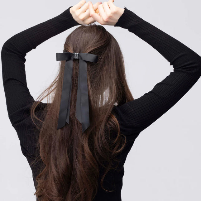 Magnetic Satin Bow Hair Clip | Long Ribbon Hair Bow | Black Aesthetic Hair Accessory for Women & Girls  (VT-13)