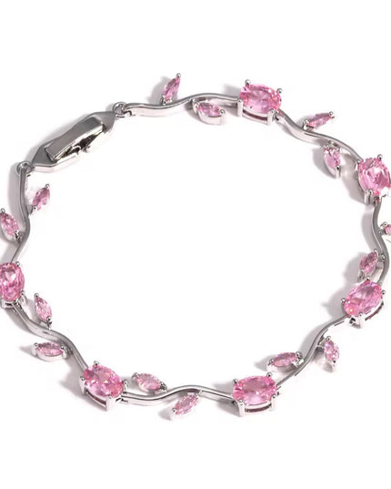 Pink CZ Stone Silver-Plated Floral Vine Bracelet for Women | Dainty Rose Pink Bracelet | Valentine Gift Jewellery (VT-07)