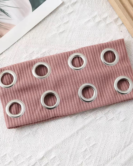 Y2K Punk Grommet Headband for Women & Girls | Pink Wide Knitted Band with Silver Metal Hollow Rings | Streetwear Hair Accessory (VT-24)