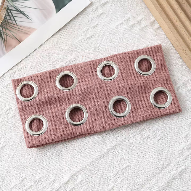 Y2K Punk Grommet Headband for Women & Girls | Pink Wide Knitted Band with Silver Metal Hollow Rings | Streetwear Hair Accessory (VT-24)