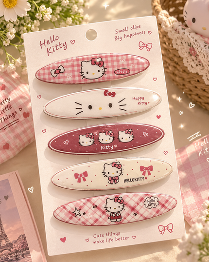 Kawaii Hello Kitty Pink Gingham & Character Acrylic Hair Clips Set (Pack of 5) (VT-200)