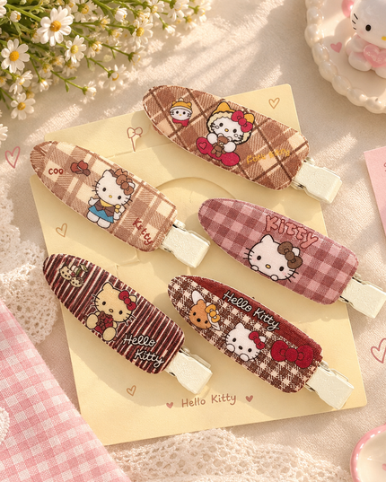 Kawaii Hello Kitty Plaid & Striped Fabric Hair Clips Set (Pack of 5) (VT-219)