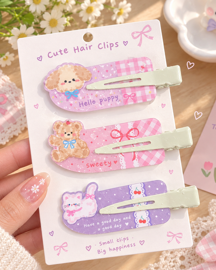 Korean Aesthetic Cute Animal & Gingham Check Acrylic Hair Clips Set (Pack of 3) (VT-198)