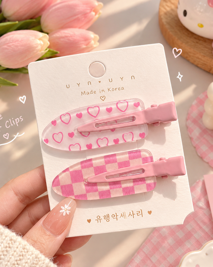 Korean Aesthetic Pink Heart & Checkered Acrylic Hair Clips for Women & Girls (Pack of 2) (VT-170)