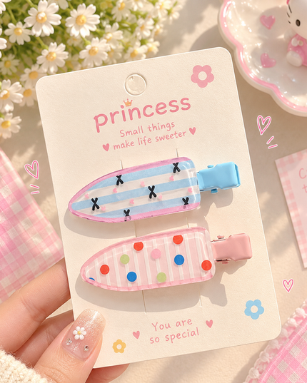 Korean Aesthetic Striped & Polka Dot Acrylic Hair Clips Set (Pack of 2) (VT-216)
