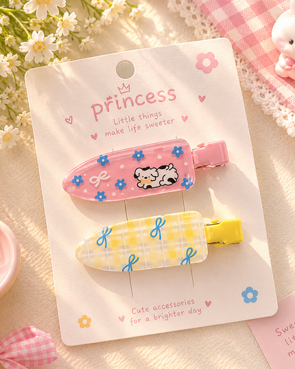 Korean Aesthetic Cute Puppy & Yellow Check Bow Acrylic Hair Clips Set (Pack of 2)(VT-211)