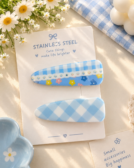 Korean Aesthetic Blue Gingham Check & Floral Acrylic Hair Clips Set (Pack of 2) (VT-209)
