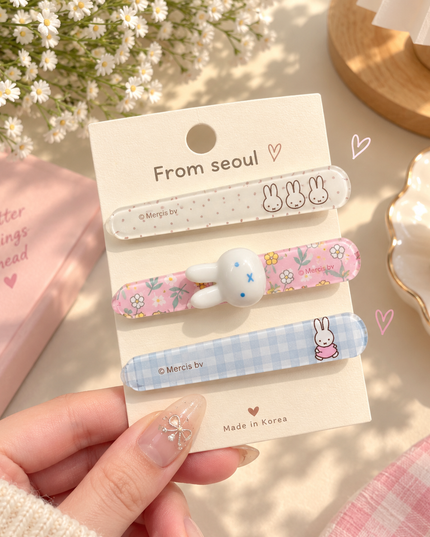 Korean Aesthetic Cute Miffy Bunny 3D & Floral Plaid Acrylic Hair Clips Set (Pack of 3) (VT-217)