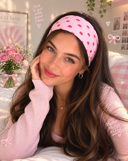 Korean Aesthetic Pink Red-Heart Printed Stretchable Wide Hair Band & Headband for Women & Girls (VT-202)