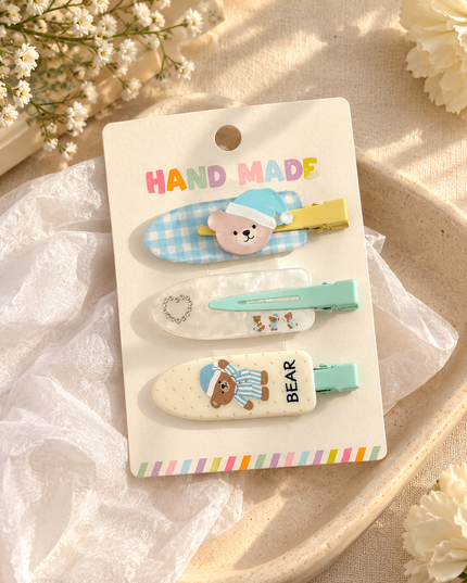 Korean Aesthetic Cute Sleeping Bear & Blue Gingham Acrylic Hair Clips Set (Pack of 3) (VT-218)