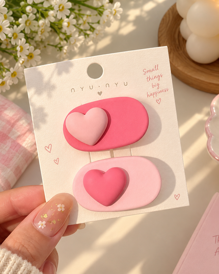 Korean Aesthetic 3D Pink Heart Oval Acrylic Hair Clips Set (Pack of 2) (VT-207)