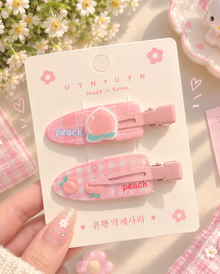 Korean Aesthetic Pink Peach Motif & Gingham Check Acrylic Hair Clips Set (Pack of 2) (VT-206)