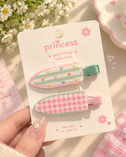 Korean Aesthetic Pastel Striped & Gingham Check Acrylic Hair Clips Set (Pack of 2) (VT-213)