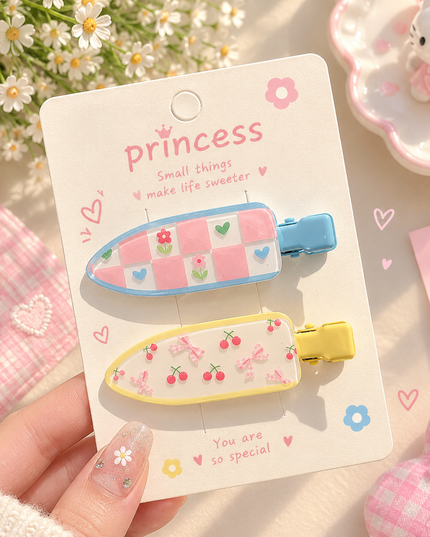 Korean Aesthetic Cute Teddy Bear & Plaid Check Acrylic Hair Clips Set (Pack of 2) (VT-215)