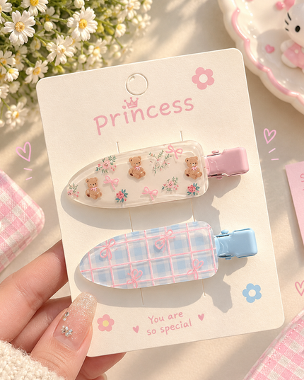 Korean Aesthetic Cute Teddy Bear & Plaid Check Acrylic Hair Clips Set (Pack of 2) (VT-214)