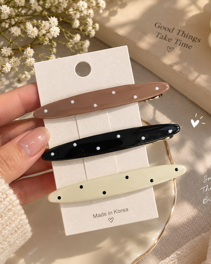 Korean Aesthetic Minimalist Polka Dot Acrylic Oval Hair Clips Set (Pack of 3) (VT-190)