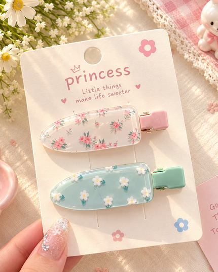 Korean Aesthetic Floral Print Acrylic Hair Clips Set (Pack of 2) (VT-212)