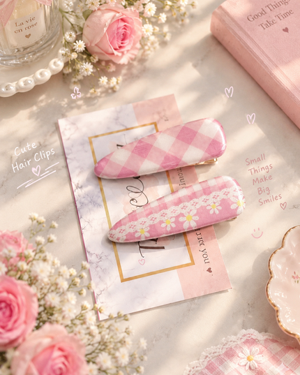 Korean Aesthetic Pink Gingham Check & Daisy Floral Acrylic Hair Clips Set (Pack of 2) (VT-186)