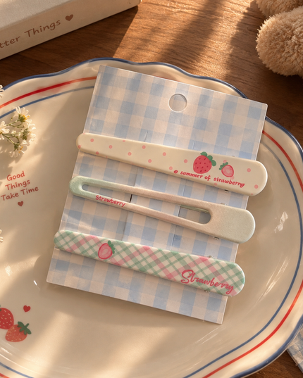 Korean Aesthetic Strawberry & Gingham Check Flat Hair Clips Set (Pack of 3) (VT-191)