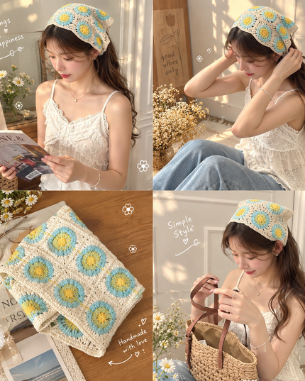 Korean Aesthetic Floral Crochet Headscarf & Triangle Hair Bandana for Women & Girls (VT-178)