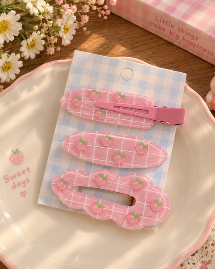 Korean Aesthetic Pink Peach Grid Acrylic Hair Clips & Side Hair Pins Set (Pack of 3) (VT-182)