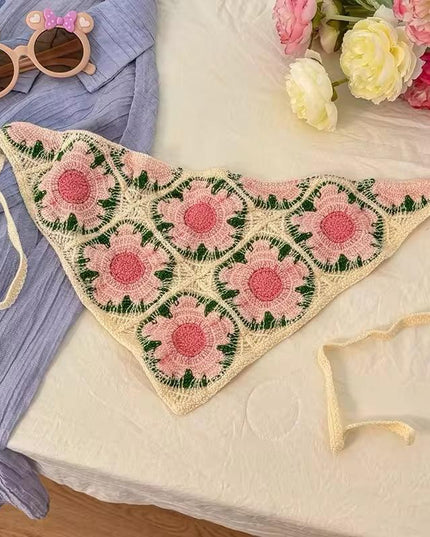 Handmade Floral Crochet Hair Bandana for Women & Girls – Vintage Boho Triangle Head Scarf with Tie-Up Straps (Pink Flower) (VT-127)