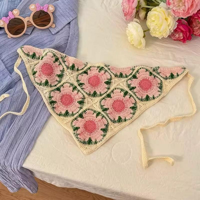 Handmade Floral Crochet Hair Bandana for Women & Girls – Vintage Boho Triangle Head Scarf with Tie-Up Straps (Pink Flower) (VT-127)
