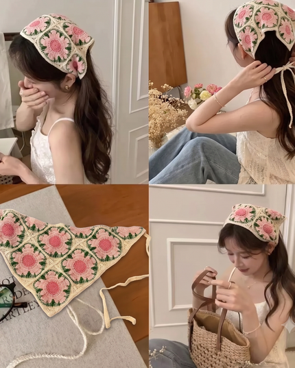 Handmade Floral Crochet Hair Bandana for Women & Girls – Vintage Boho Triangle Head Scarf with Tie-Up Straps (Pink Flower) (VT-127)
