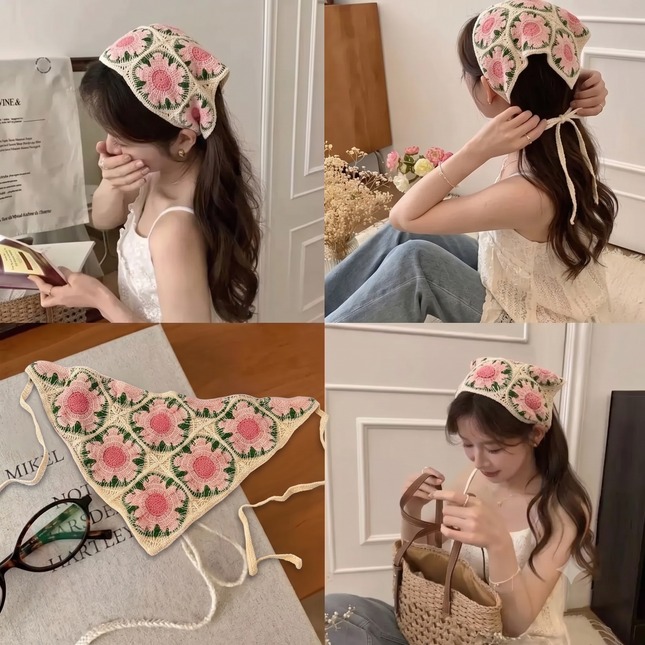 Handmade Floral Crochet Hair Bandana for Women & Girls – Vintage Boho Triangle Head Scarf with Tie-Up Straps (Pink Flower) (VT-127)