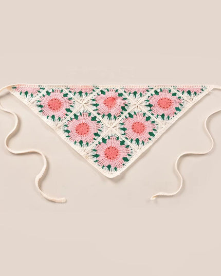 Handmade Floral Crochet Hair Bandana for Women & Girls – Vintage Boho Triangle Head Scarf with Tie-Up Straps (Pink Flower) (VT-127)