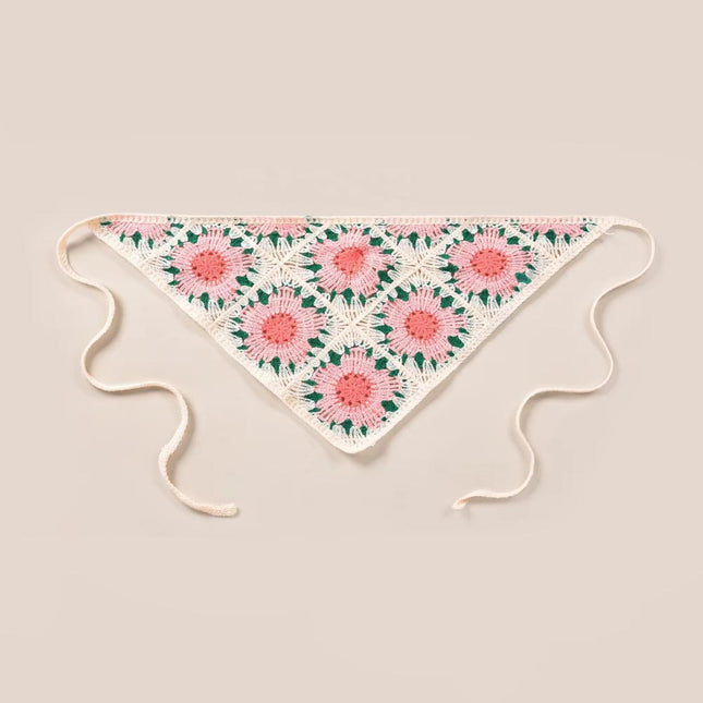 Handmade Floral Crochet Hair Bandana for Women & Girls – Vintage Boho Triangle Head Scarf with Tie-Up Straps (Pink Flower) (VT-127)