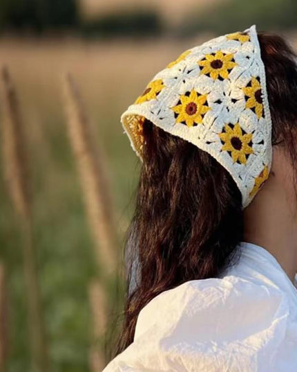 Handmade Sunflower Crochet Hair Bandana for Women & Girls – Vintage Boho Triangle Head Scarf with Tie-Up Straps (Yellow Floral) (VT-128)