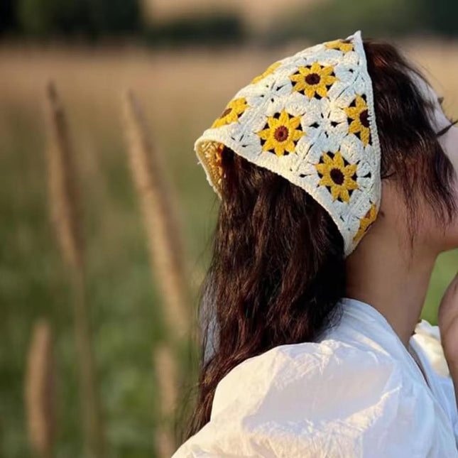 Handmade Sunflower Crochet Hair Bandana for Women & Girls – Vintage Boho Triangle Head Scarf with Tie-Up Straps (Yellow Floral) (VT-128)