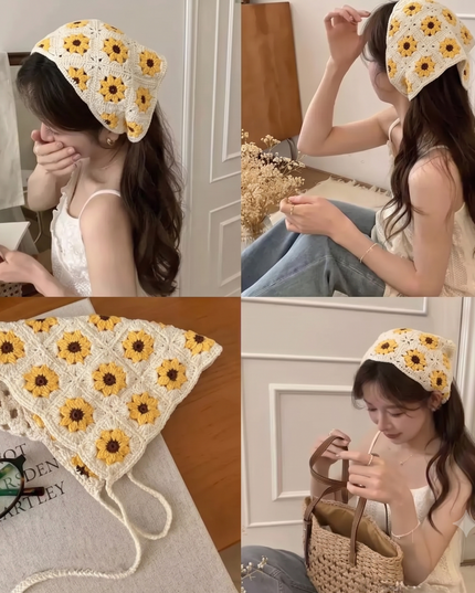 Handmade Sunflower Crochet Hair Bandana for Women & Girls – Vintage Boho Triangle Head Scarf with Tie-Up Straps (Yellow Floral) (VT-128)