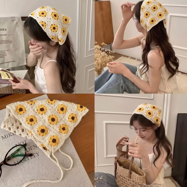 Handmade Sunflower Crochet Hair Bandana for Women & Girls – Vintage Boho Triangle Head Scarf with Tie-Up Straps (Yellow Floral) (VT-128)