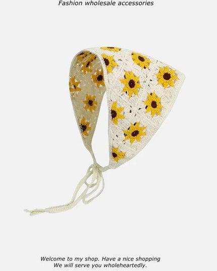 Handmade Sunflower Crochet Hair Bandana for Women & Girls – Vintage Boho Triangle Head Scarf with Tie-Up Straps (Yellow Floral) (VT-128)