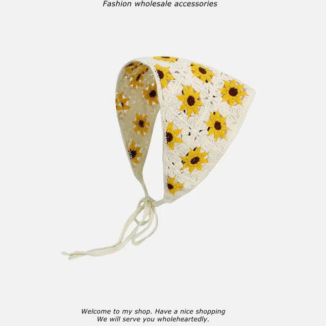Handmade Sunflower Crochet Hair Bandana for Women & Girls – Vintage Boho Triangle Head Scarf with Tie-Up Straps (Yellow Floral) (VT-128)