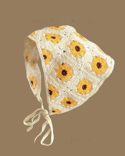 Handmade Sunflower Crochet Hair Bandana for Women & Girls – Vintage Boho Triangle Head Scarf with Tie-Up Straps (Yellow Floral) (VT-128)