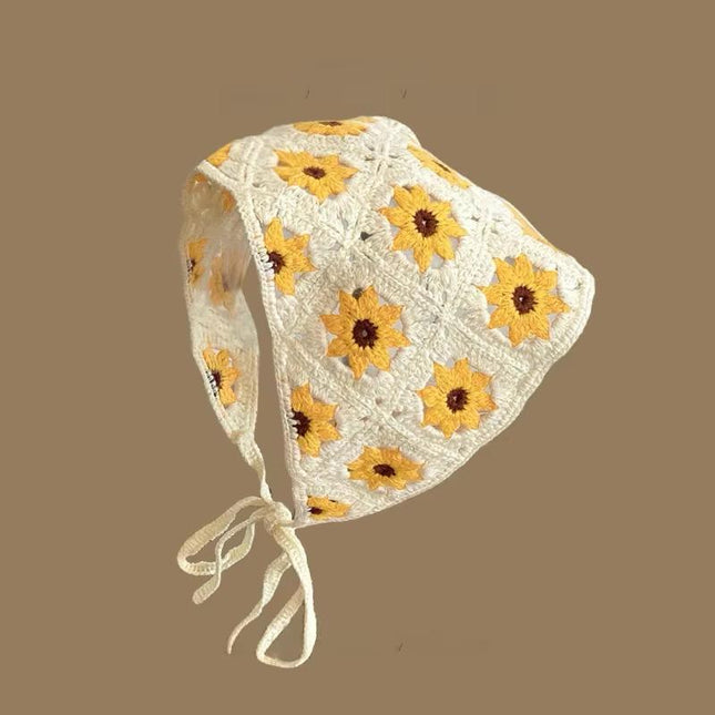 Handmade Sunflower Crochet Hair Bandana for Women & Girls – Vintage Boho Triangle Head Scarf with Tie-Up Straps (Yellow Floral) (VT-128)