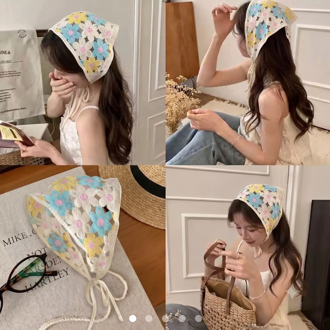 Handmade Daisy Floral Crochet Hair Bandana for Women & Girls – Vintage Lace Hollow-Out Triangle Head Scarf with Tie-Up Straps (Pastel Multicolor) (VT-129)