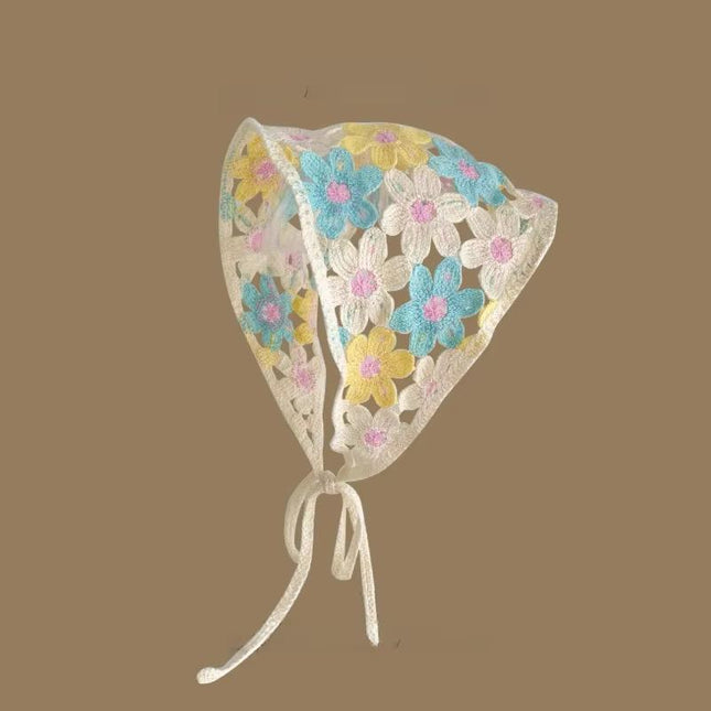 Handmade Daisy Floral Crochet Hair Bandana for Women & Girls – Vintage Lace Hollow-Out Triangle Head Scarf with Tie-Up Straps (Pastel Multicolor) (VT-129)
