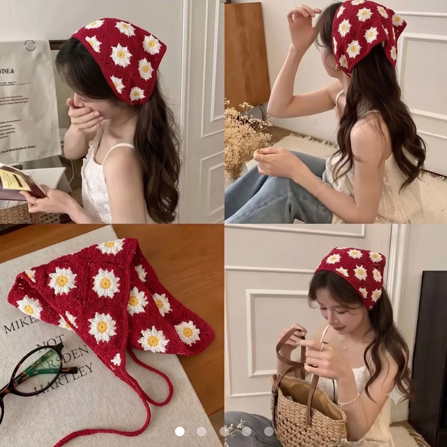 Handmade Daisy Floral Crochet Hair Bandana for Women & Girls – Vintage Boho Triangle Head Scarf with Tie-Up Straps (Red & White Floral) (VT-130)