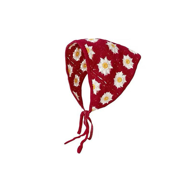 Handmade Daisy Floral Crochet Hair Bandana for Women & Girls – Vintage Boho Triangle Head Scarf with Tie-Up Straps (Red & White Floral) (VT-130)